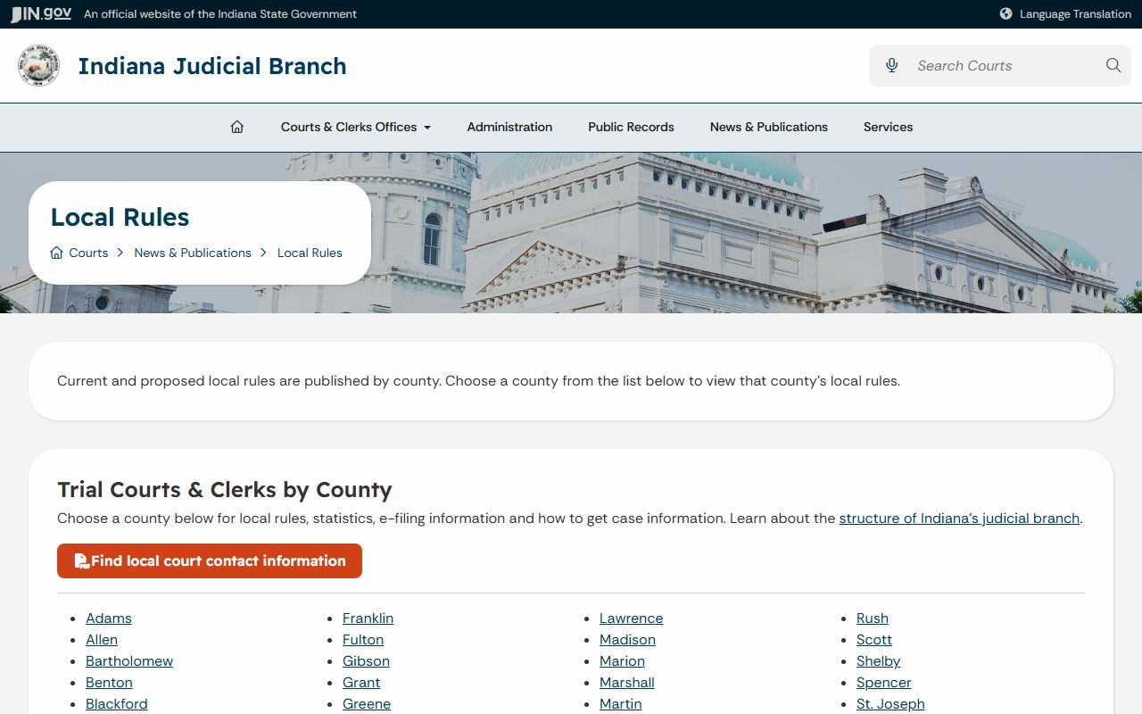 Steuben County court dockets Indiana local court rules page
