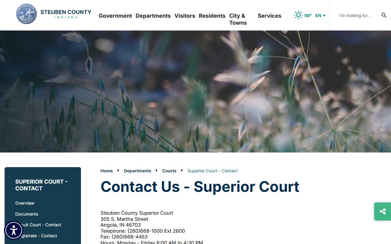 Steuben County court dockets Superior Court contact page