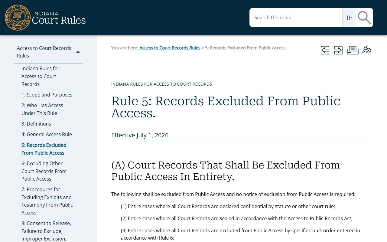 Steuben County court records Indiana Rule 5 access exclusions