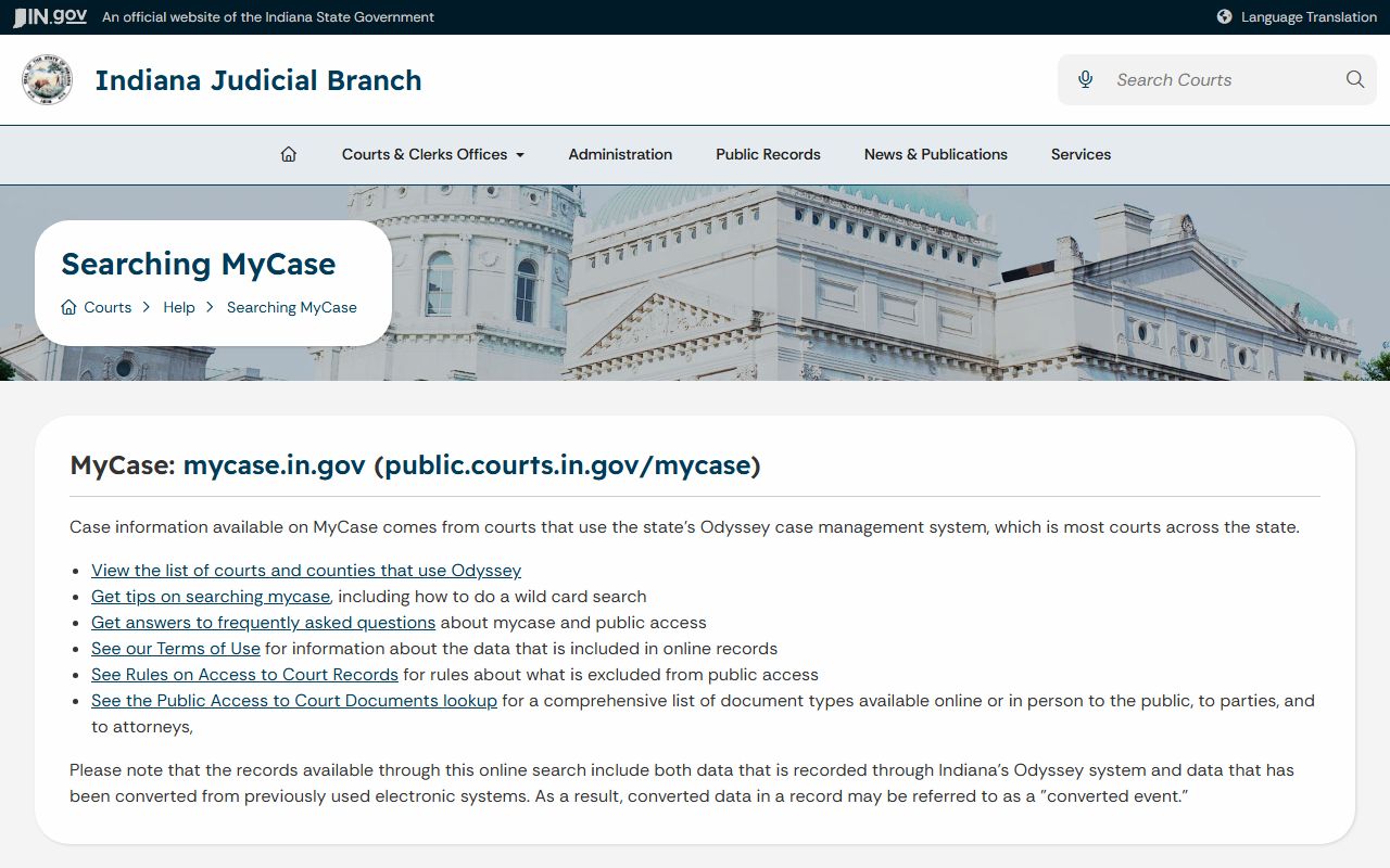 Steuben County court records Indiana MyCase help page