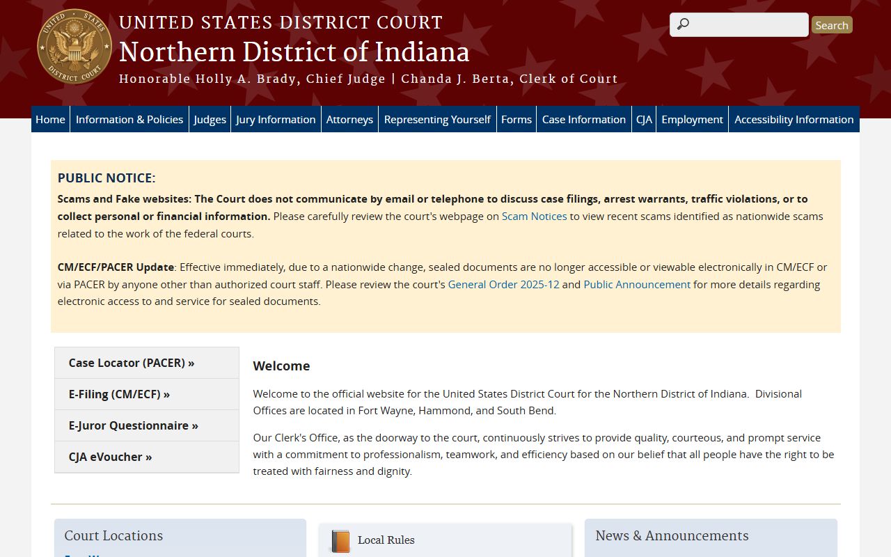 Steuben County trial court records and Northern District of Indiana federal court homepage