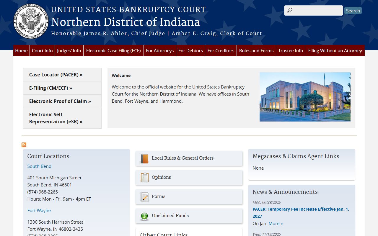Steuben County trial court records and Northern District of Indiana Bankruptcy Court homepage