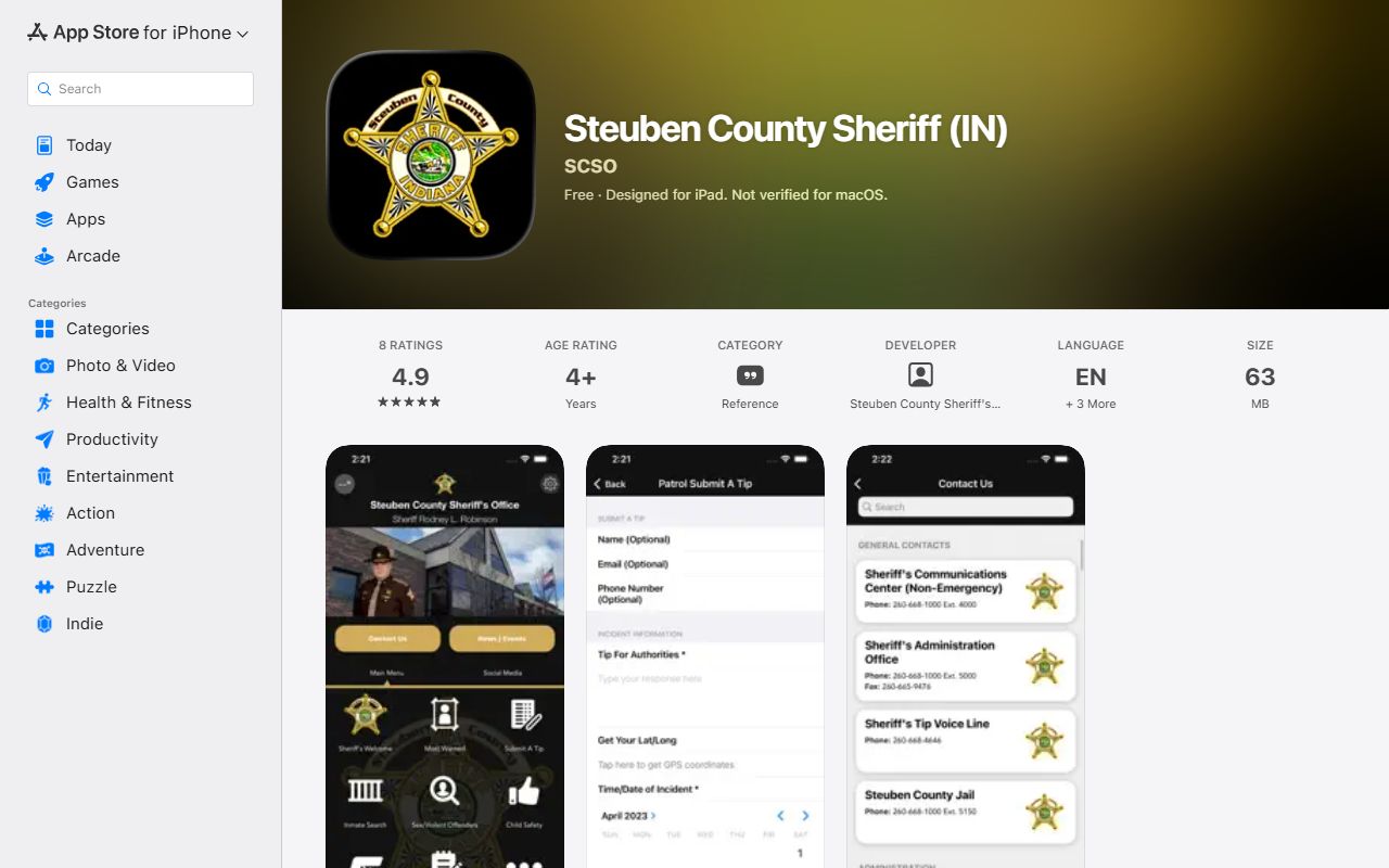 Steuben County inmate records Sheriff iOS app listing