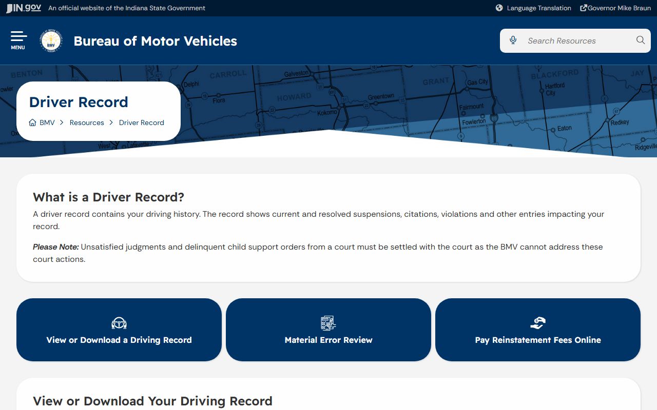 Steuben County traffic court records and Indiana BMV driver record page